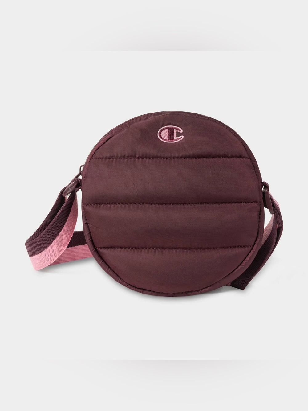 Champion Quilted Round Crossbody Bag in Burgundy with Pink Trim